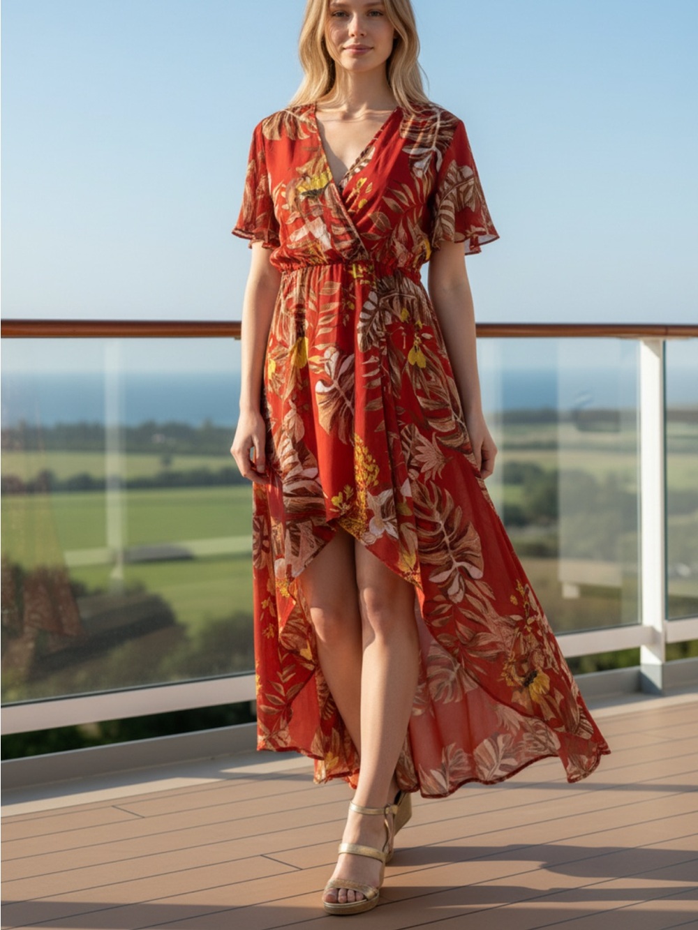 Lush Red Floral Hi-Low Wrap Dress